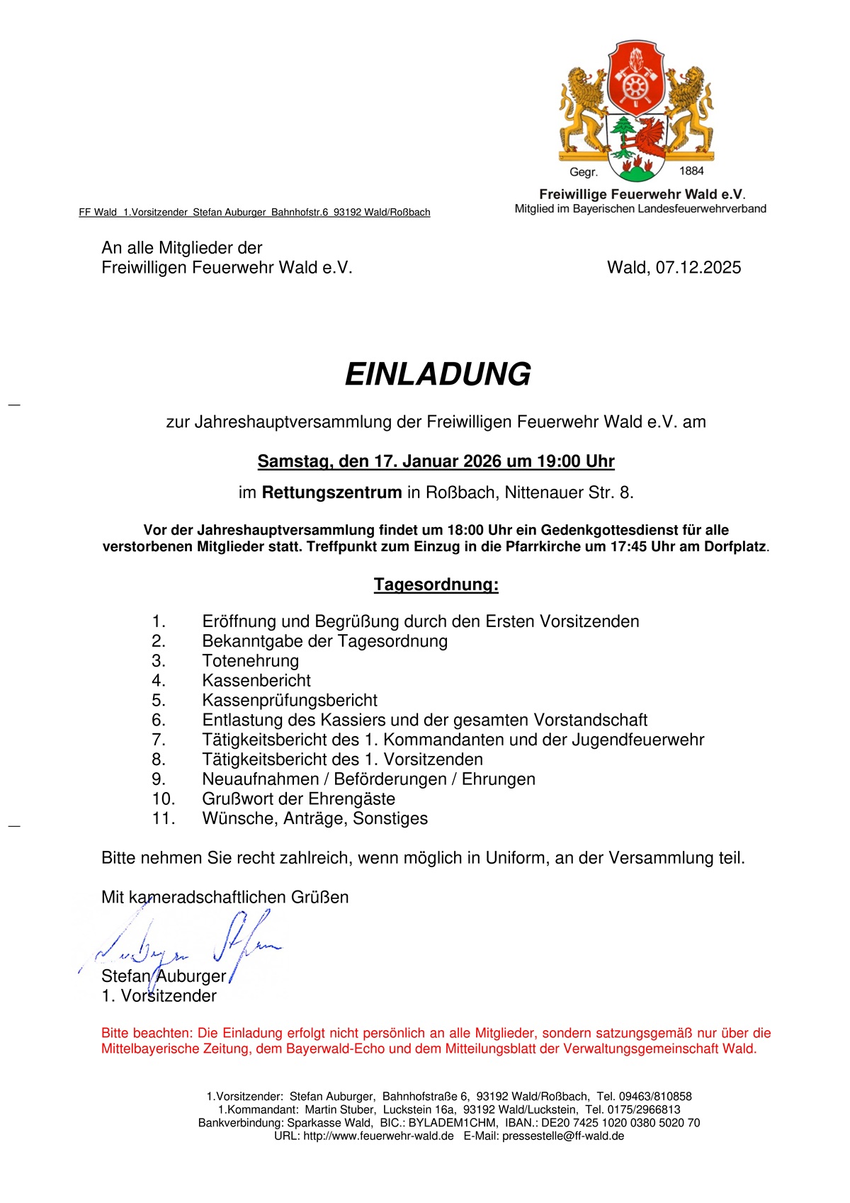 Einladung Jahreshauptversammlung